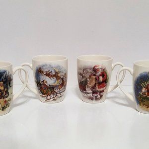 Pottery Barn Nostalgic Santa Stoneware Mugs Set of 4 in Box New Assorted